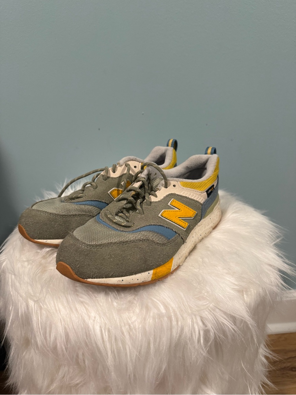 New Balance Kids Olive Gray, Yellow & Blue Lace-Up Sneakers